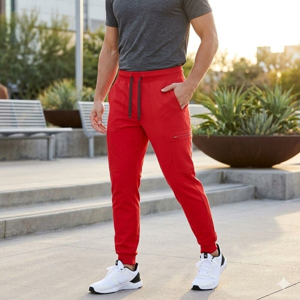 Fabletics Joggers Mens Small S Red Scrub Jogger Pants Cargo Drawstring Athletic